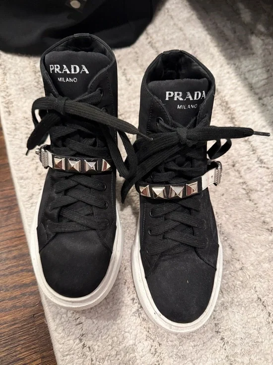 Prada Black High-Top Sneaker with Silver Studded Strap - Picture 6 of 8